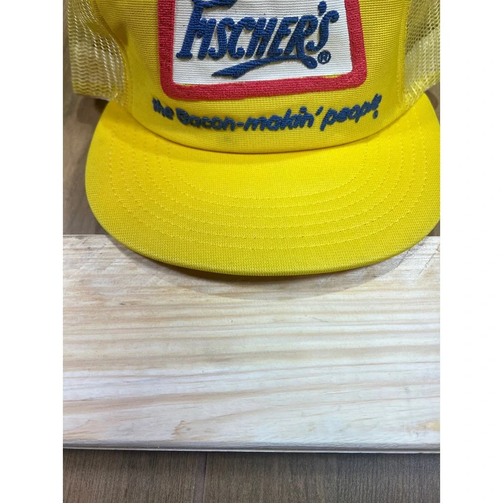 Vintage Fischers Bacon Makin People Trucker Hat Yellow Snapback Adver-Togs USA‎